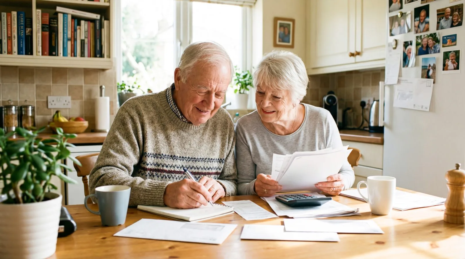Pensionen i valet 2026 – äldre par går igenom sin ekonomi vid köksbordet
