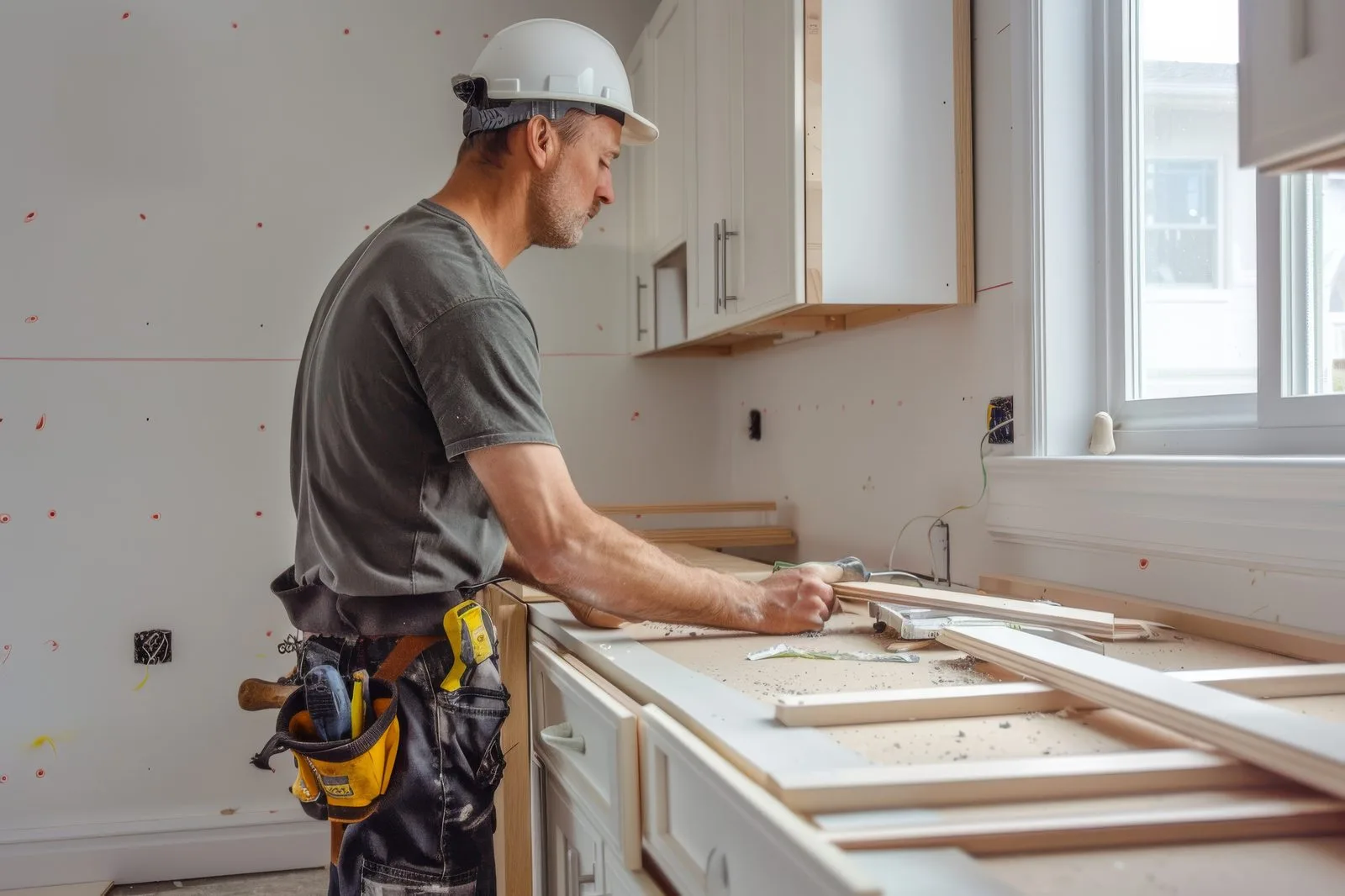 Hantverkare utför rotarbete vid köksrenovering i villa
